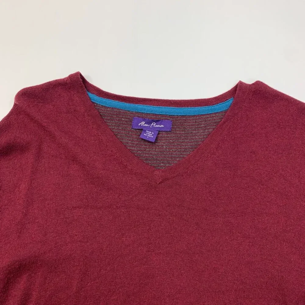 Alan Flusser Sweater Men L Large Maroon Cotton Wool Cashmere Nylon Blend V Neck